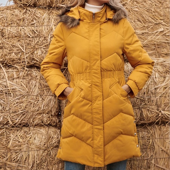 FALL Chevron quilted puffer trench jacket mustard - Picture 3 of 6